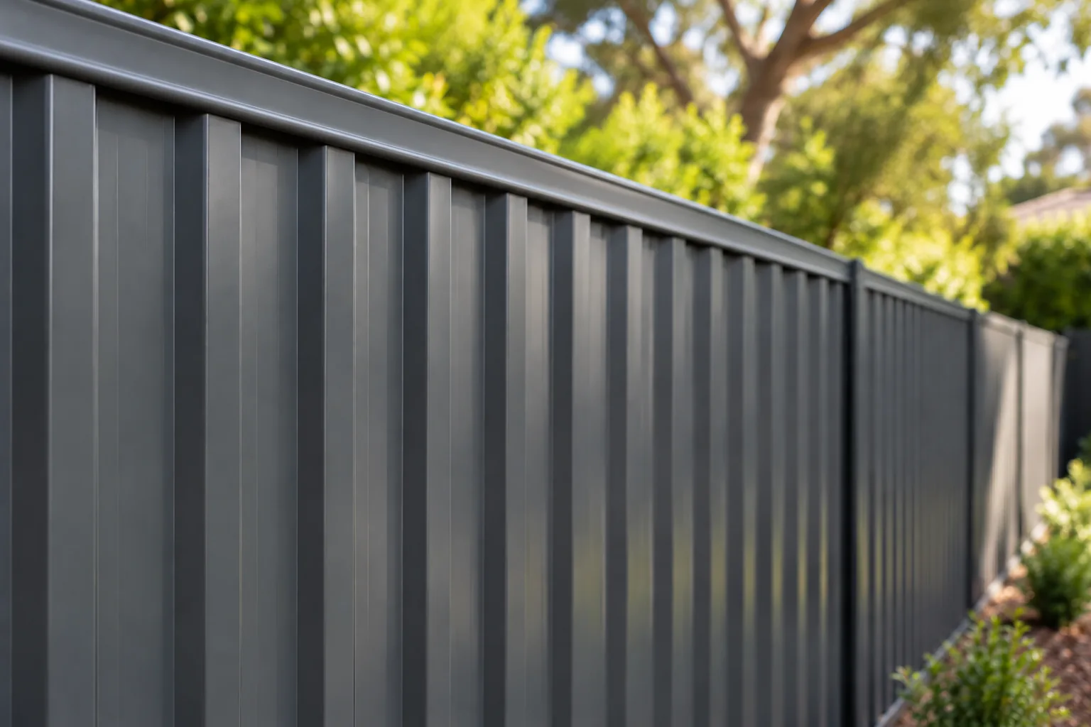 Charcoal steel boundary fence with trees beyond